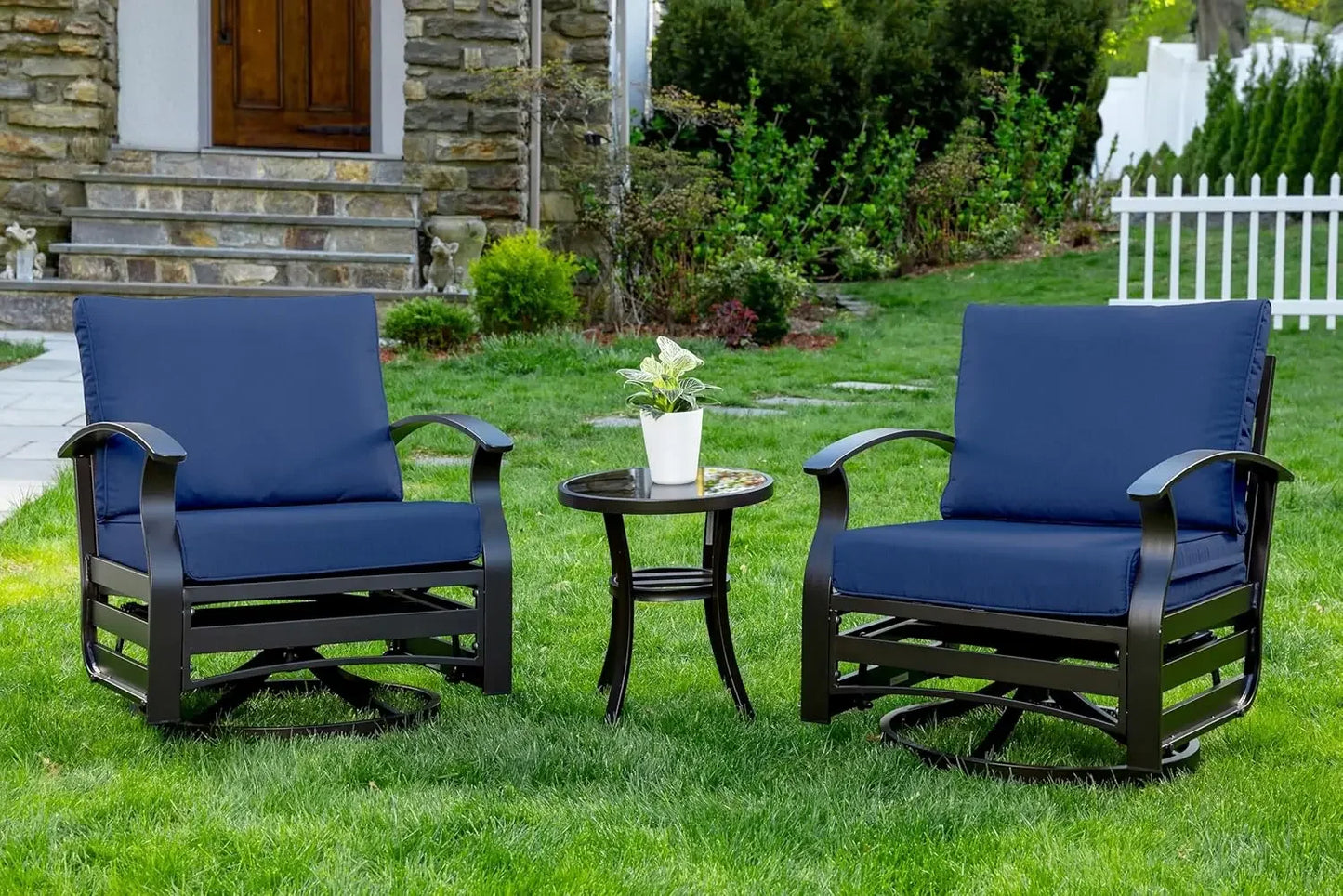 Outdoor Aluminum Patio Set With Swivel Cushioned Chairs And Glass Top Table Three Piece