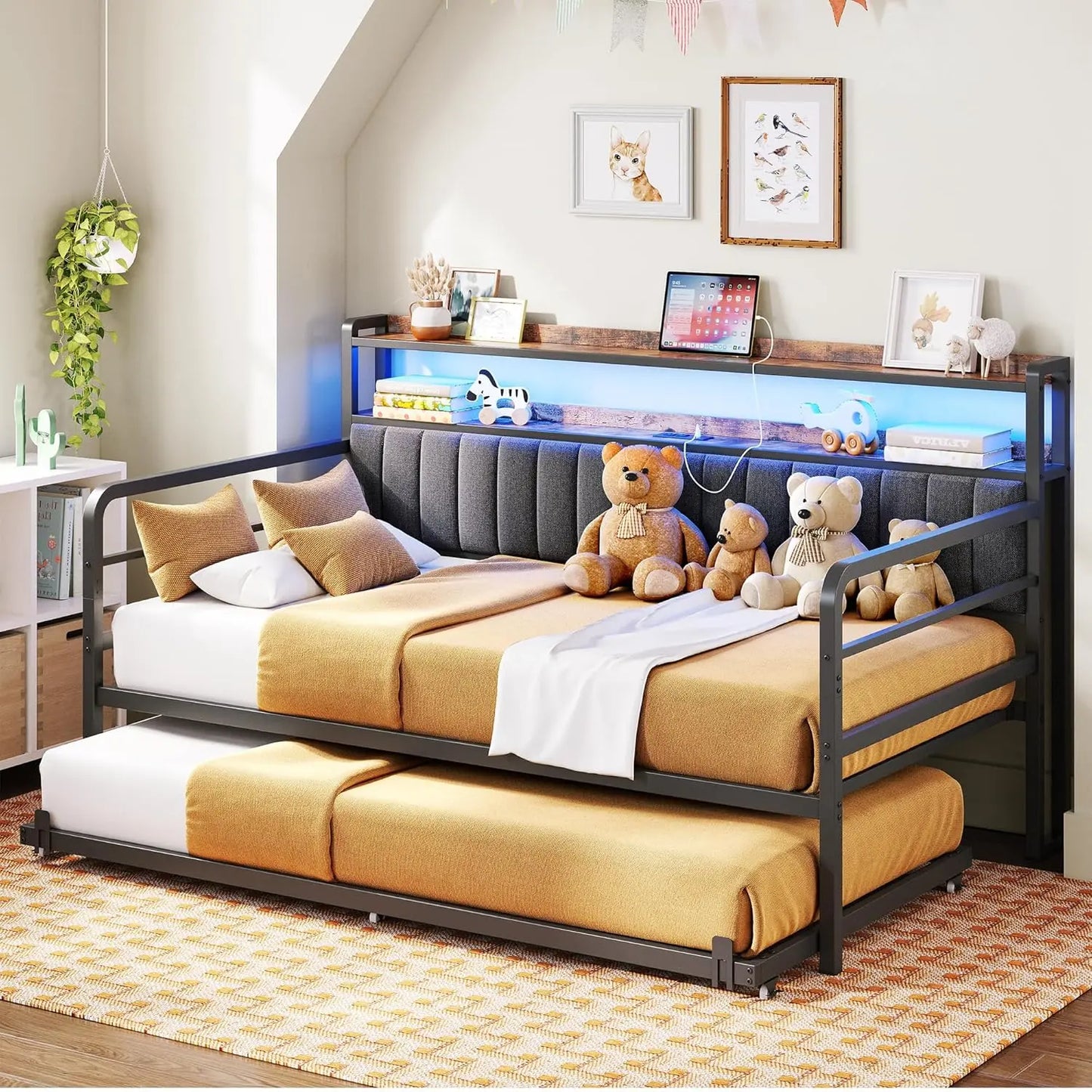 Twin Daybed With Trundle LED Lights And Charging Station