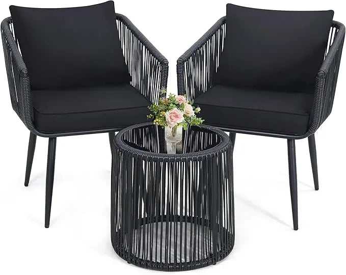 XMSJ 3 Piece Patio Rattan Bistro Set Outdoor All Weather Wicker Chairs And Side Table Durable Weather Resistant