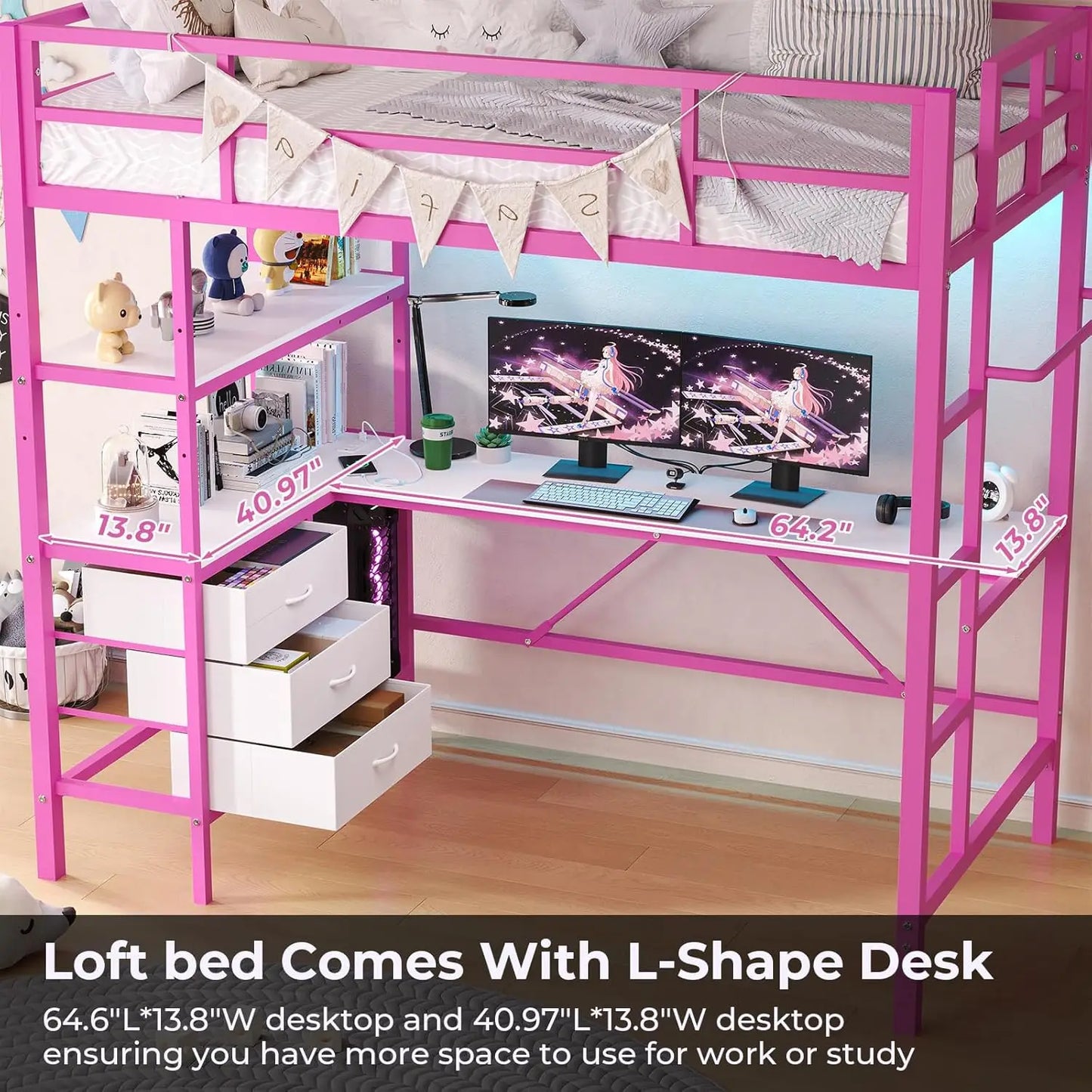 XMSJ Loft Bed With L Shaped Desk LED Lights Storage Shelves