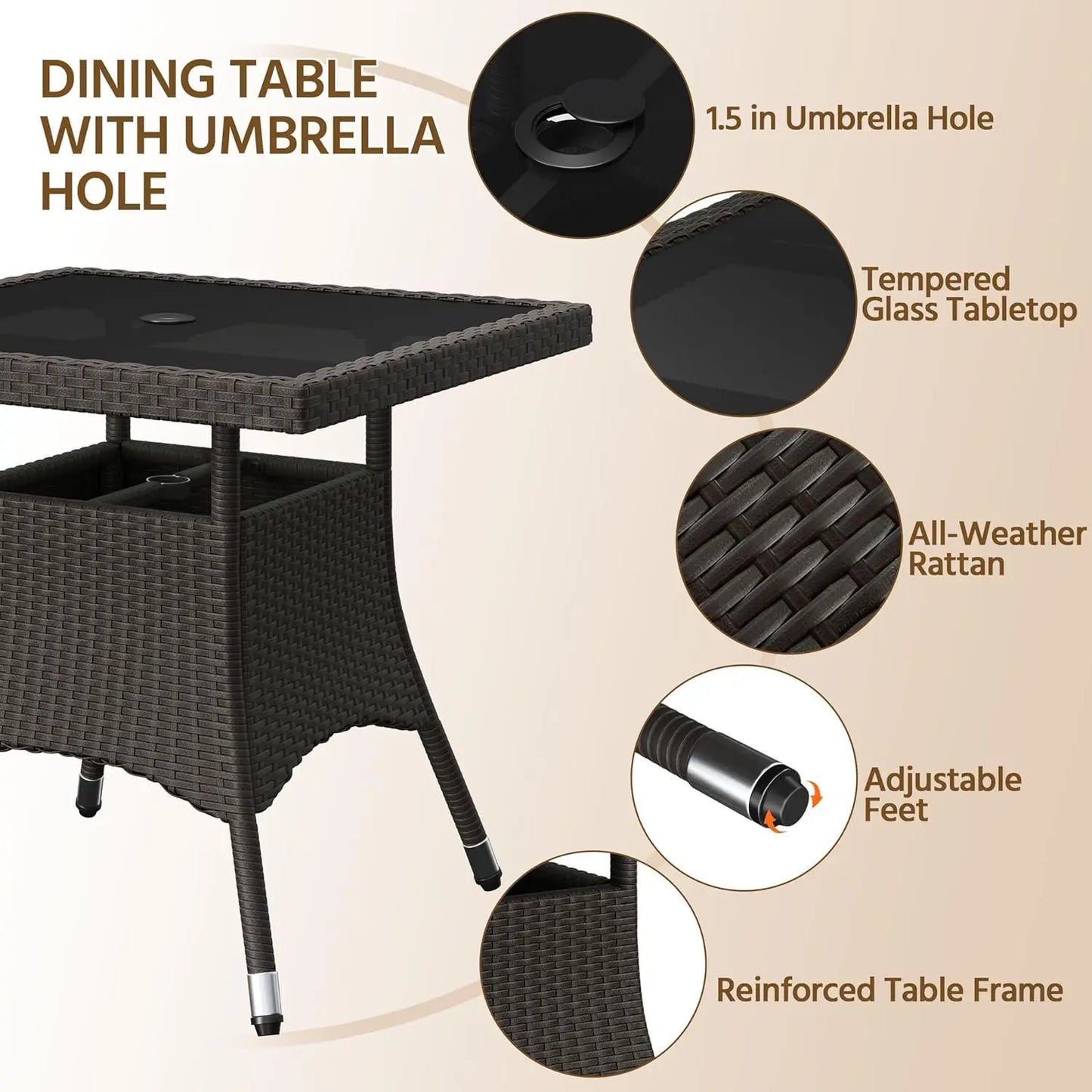 XMSJH Outdoor Rattan 5 Piece Patio Dining Set Glass Table