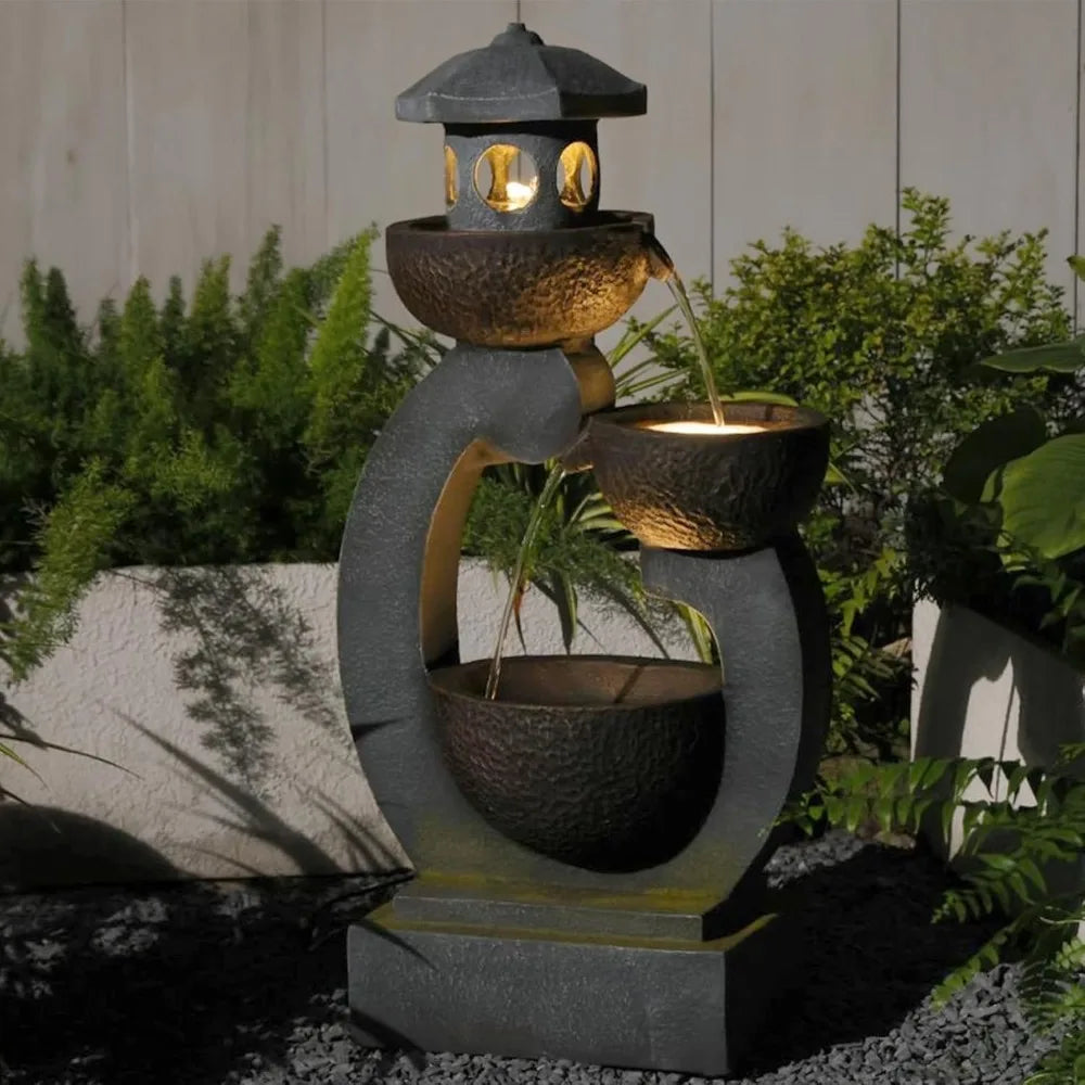 Outdoor Garden Zen Pagoda Water Fountain With LED Lights And Quiet Pump For Patios And Gardens