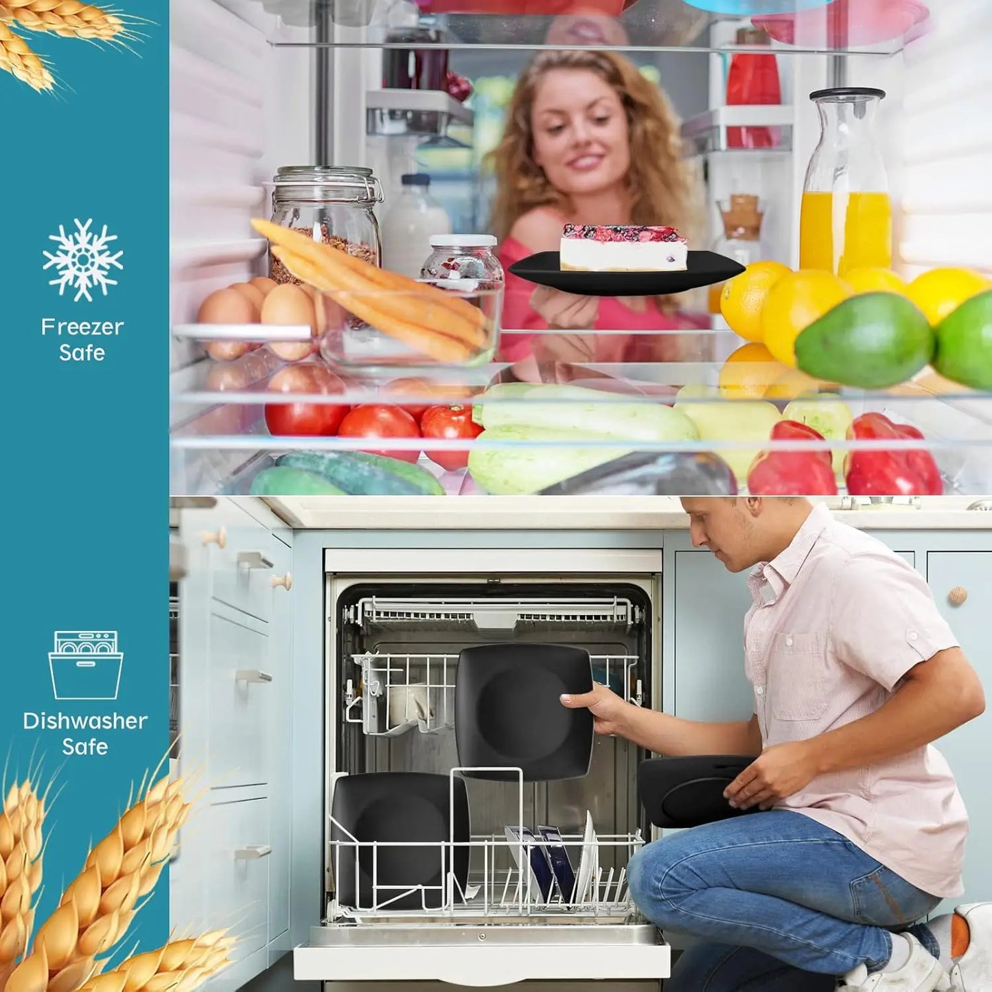 Unbreakable Wheat Straw 56 Piece Dinnerware Set for 8 with Flatware and Stainless Steel Straws