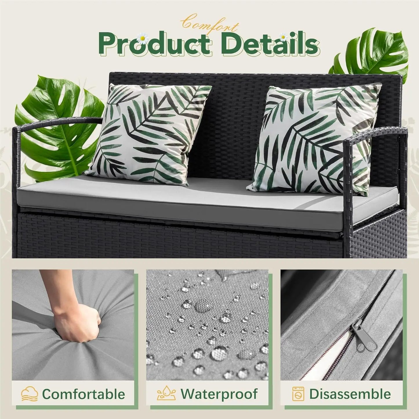 Patio Wicker Loveseat All Weather Rattan Outdoor Conversation Bench With Storage Cushions