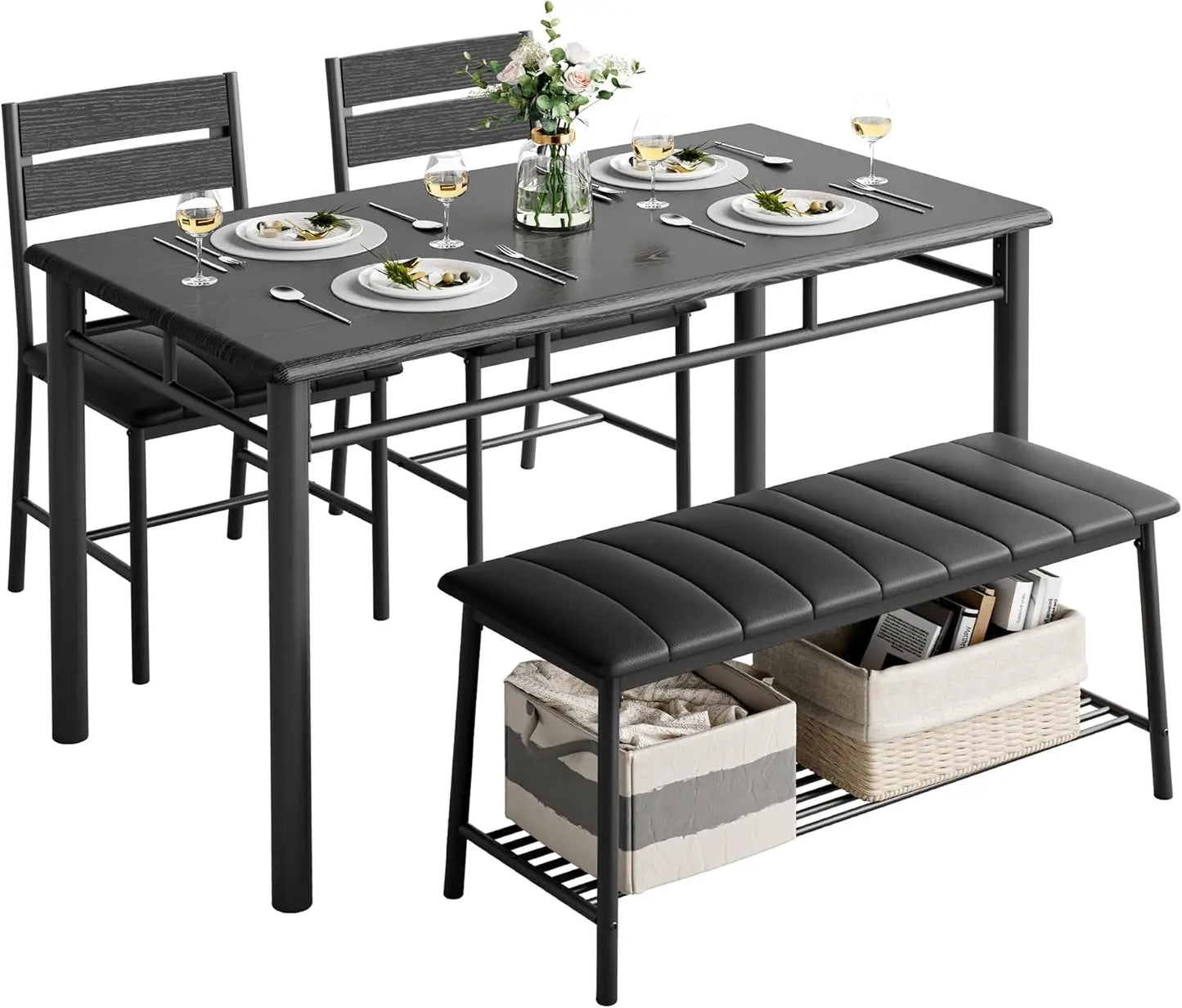 Ironck Four Piece Dining Table Set for Small Space with Upholstered Bench Metal and Engineered Wood