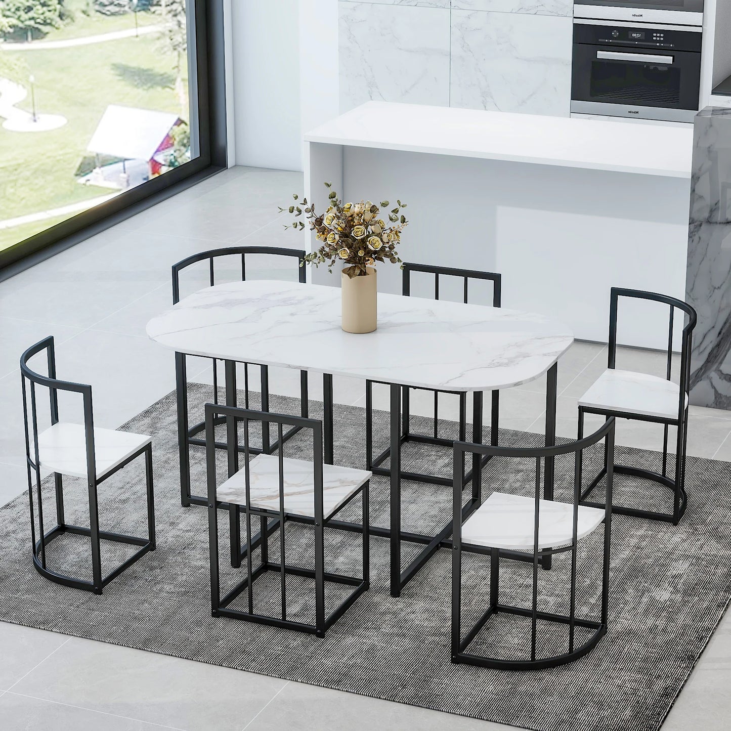 Wavesloop Modern 7 Piece Dining Table Set With Faux Marble