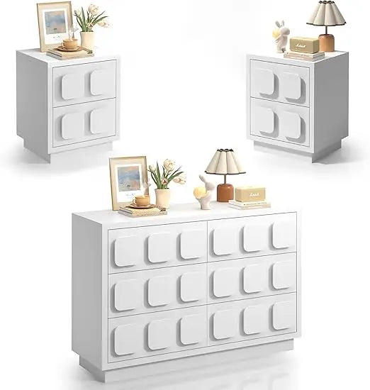 RBXC 3 Piece Bedroom Set With 6 Drawer Dresser And Two Nightstands In Black With Modern Storage