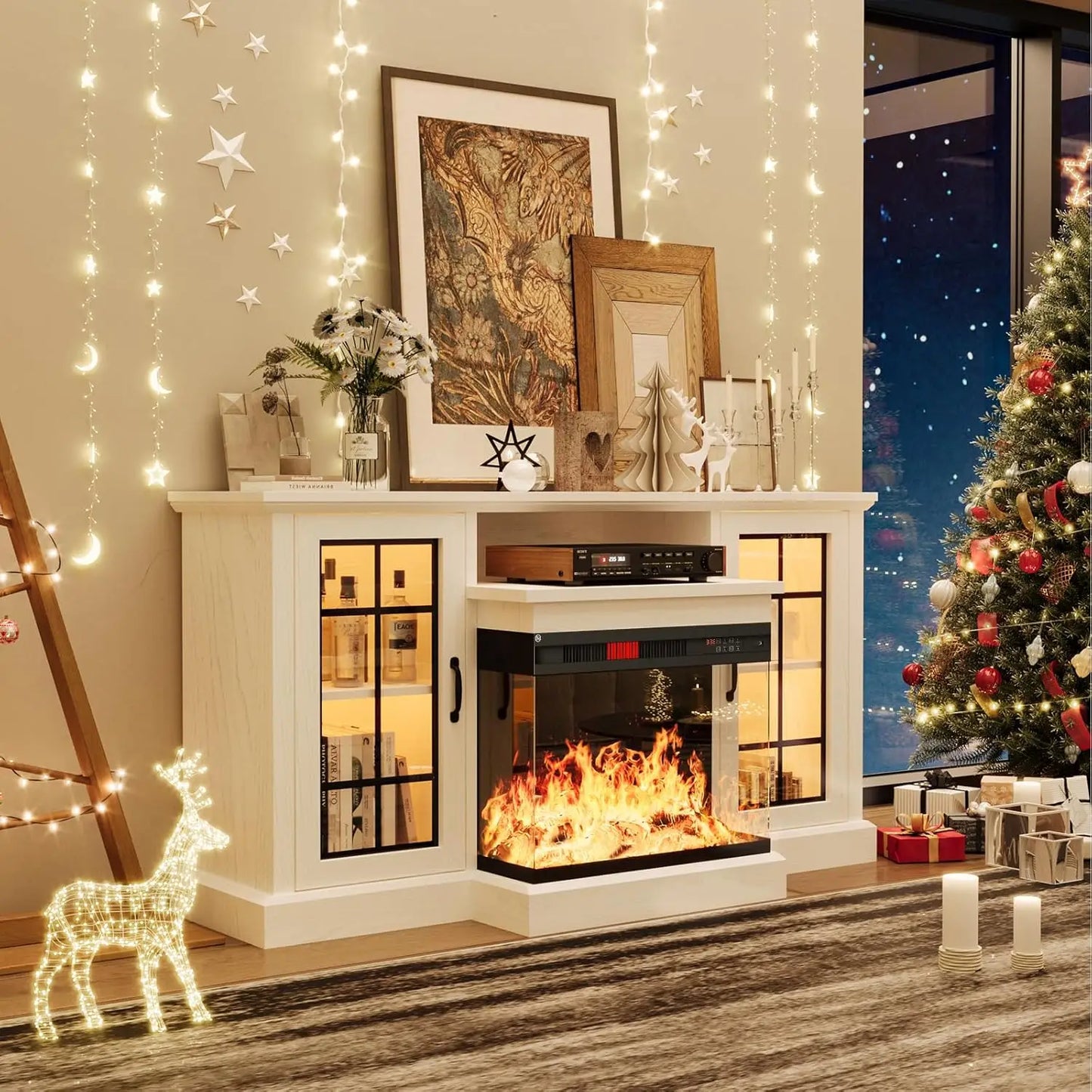 XMSJ Glass Fireplace TV Stand Three Sided Glass Doors