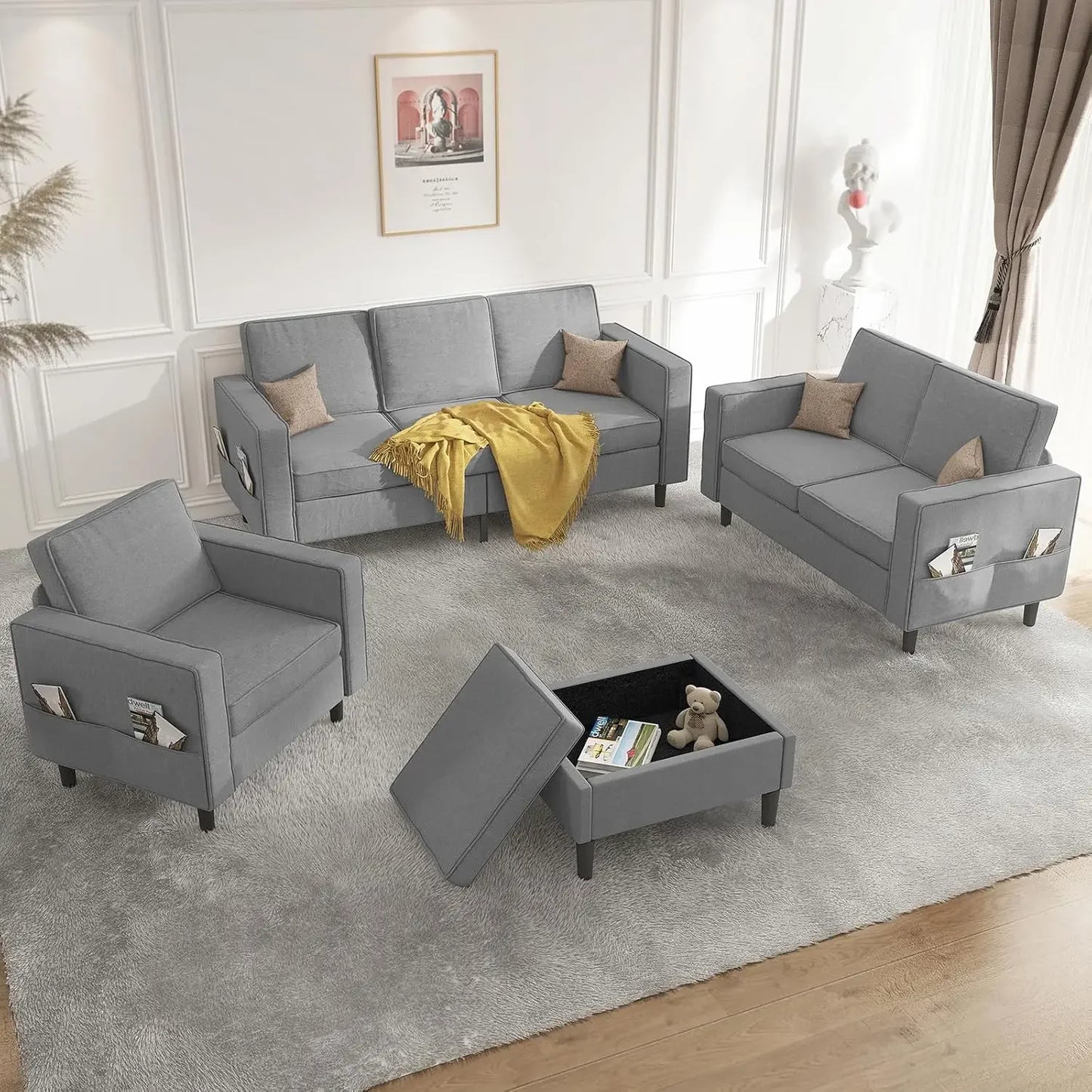 Combination L Shaped Sectional Sofa Set With Ottoman And Storage Seats Up To Six