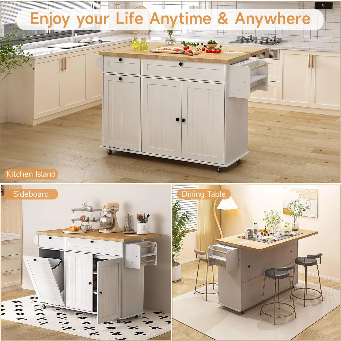 ONBRILL Mobile Kitchen Island with Drop Leaf Power Outlet