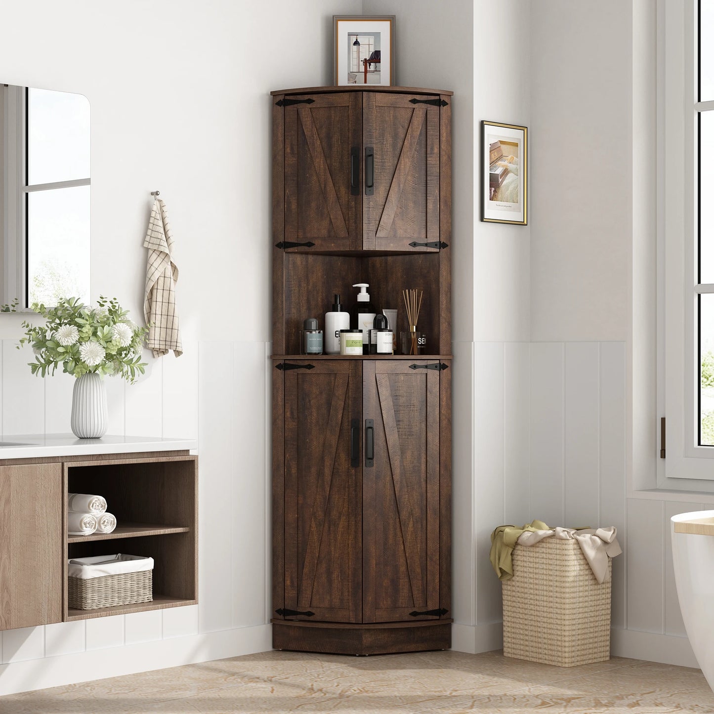 QiaoShiRen Corner Storage Cabinet With Barn Doors Farmhouse