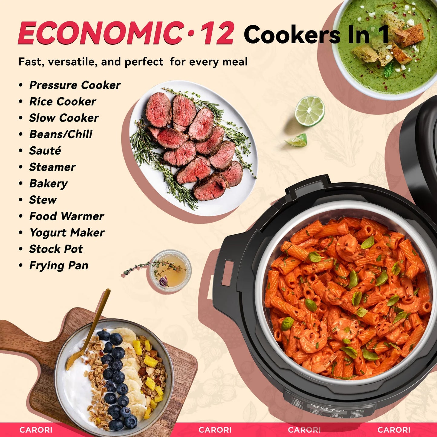 Carori 12 In 1 Electric Pressure Cooker Stainless Steel With Intelligent LCD Control Panel One Touch 14 Programs