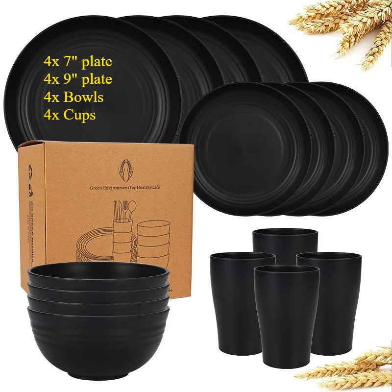 Natural Wheat Straw Tableware Set Plates Bowls Cups Biodegradable Lightweight Eco Friendly Dinnerware