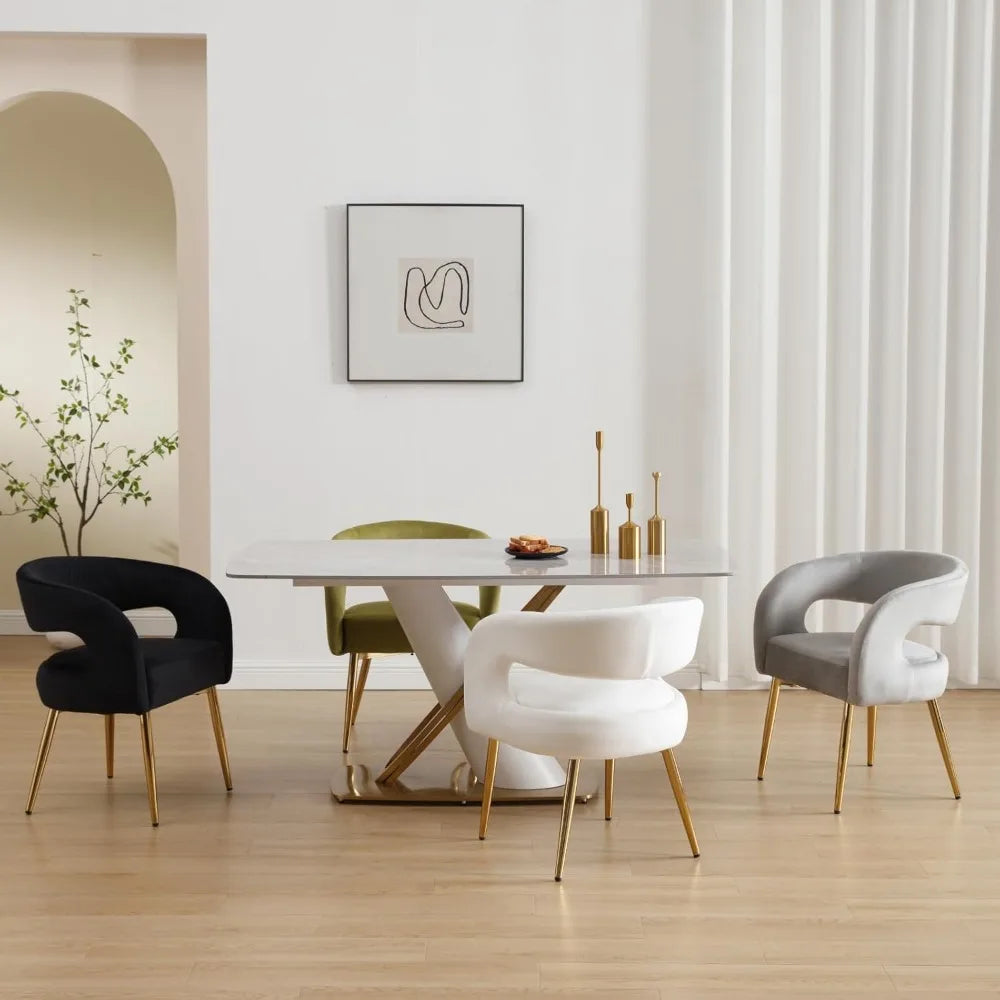 Huanzhuang Velvet Upholstered Dining Chairs Open Back Arm Gold Legs for Modern Dining Room