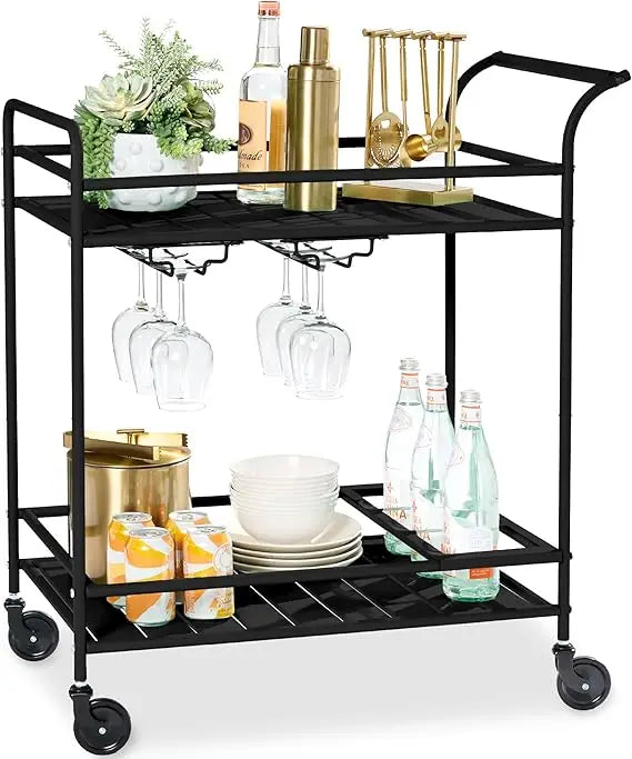 Outdoor Mobile Bar Cart With 2 Tier Storage Lockable Wheels