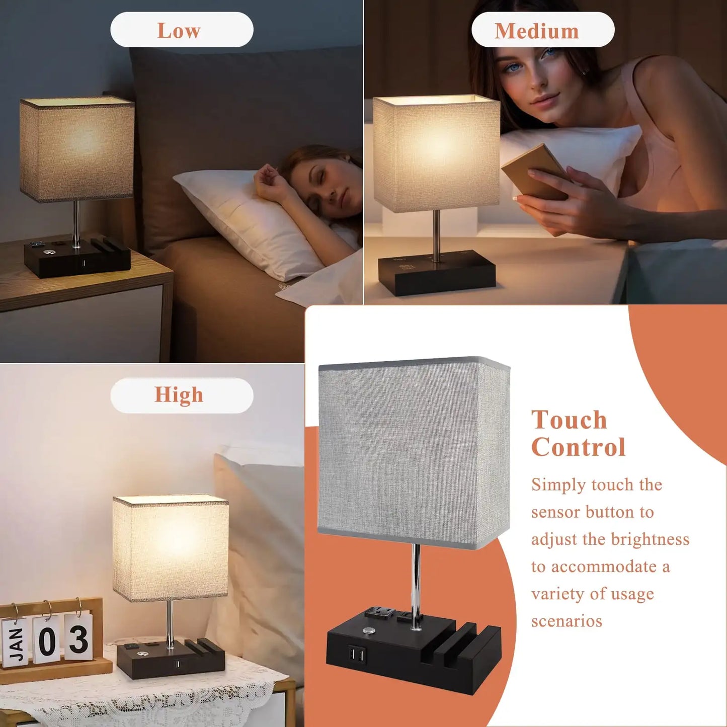 SZRSTH Bedside Table Lamp With Dual USB Charging Ports