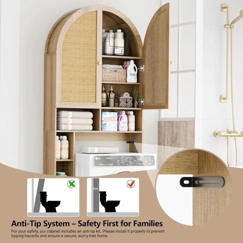 Over The Toilet Storage Cabinet With Rattan Doors Arch Design For Bathroom Organization