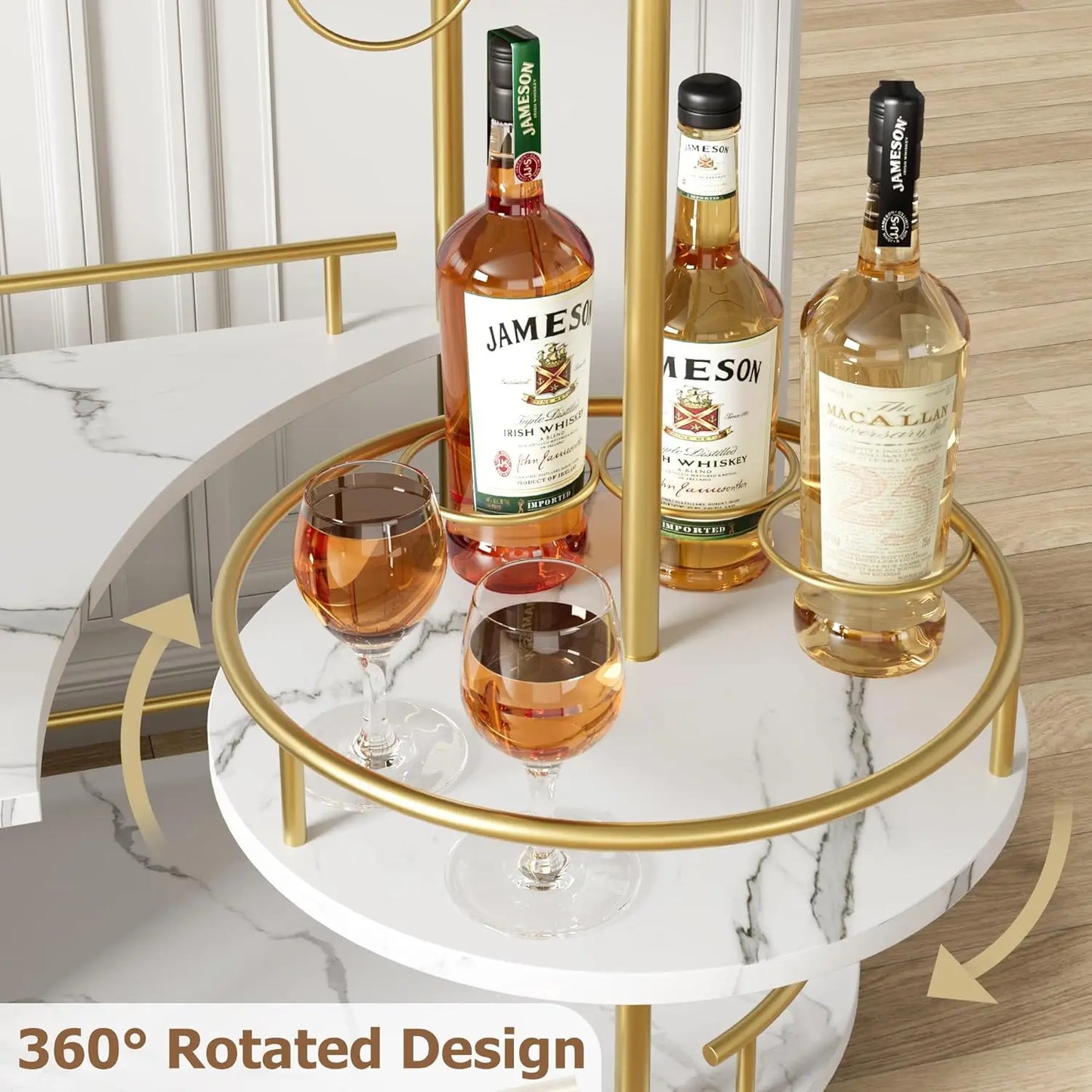 HobbyLane Gold Bar Cart On Wheels With 4 Tier Storage And 360 Degree Rotating Turntable For Entertaining