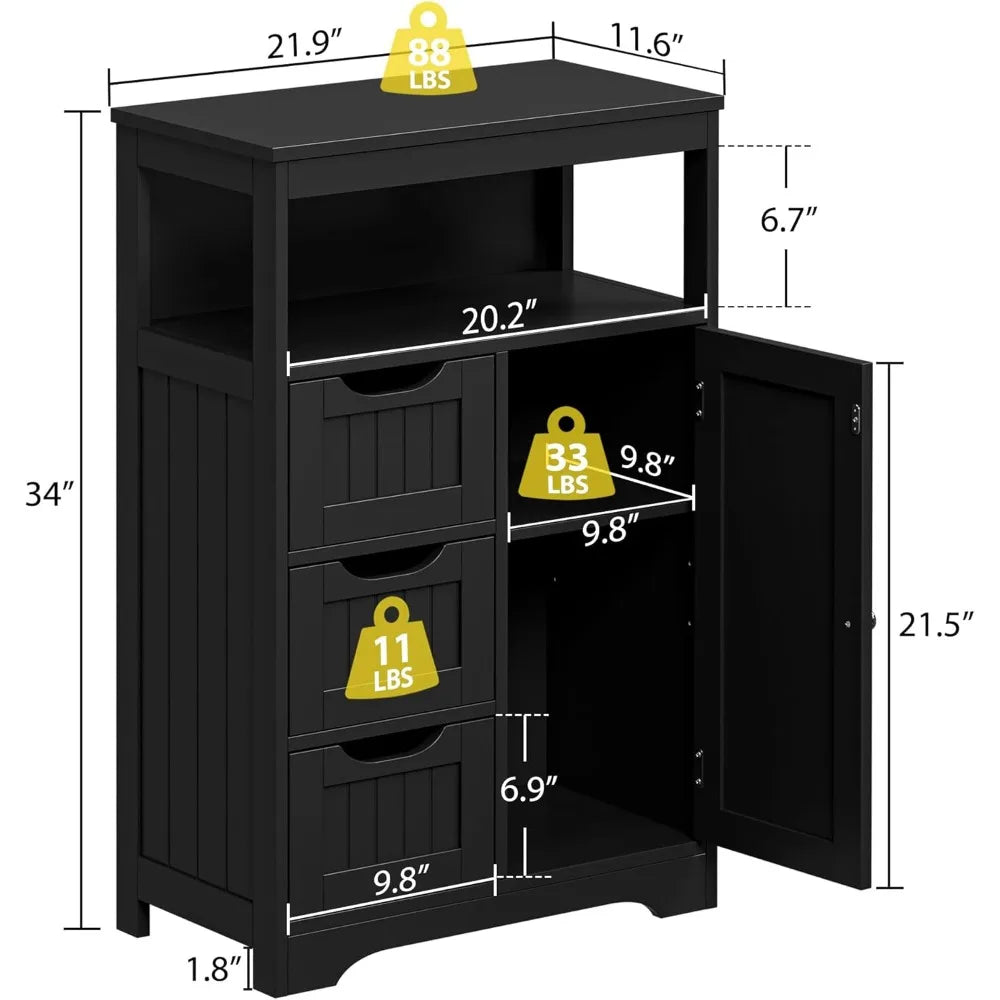 Black Bathroom Floor Cabinet Storage Organizer With 1 Door And 3 Drawers And Adjustable Shelf