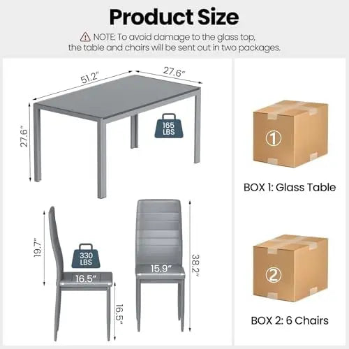High Concerned 6 Seat Dining Set With Tempered Glass Table And PU Leather Chairs
