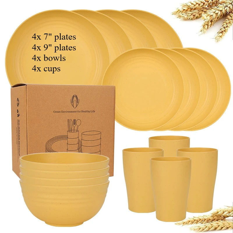 Natural Wheat Straw Tableware Set Plates Bowls Cups Biodegradable Lightweight Eco Friendly Dinnerware