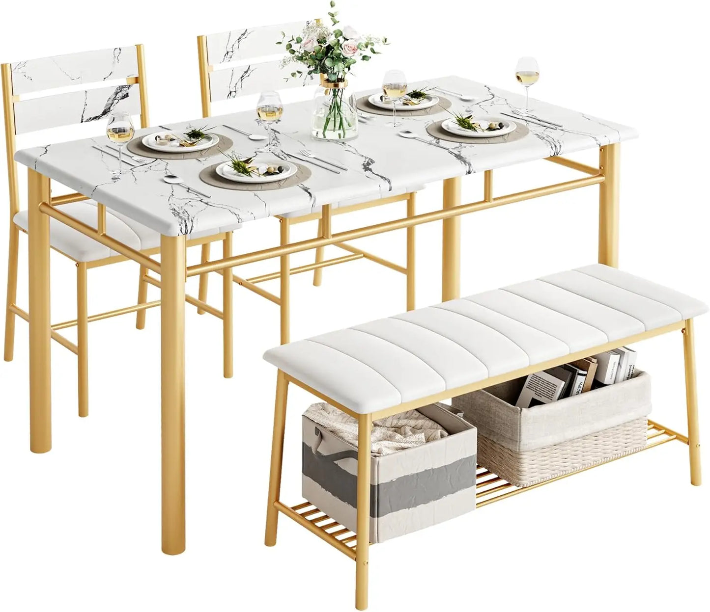Ironck Four Piece Dining Table Set for Small Space with Upholstered Bench Metal and Engineered Wood