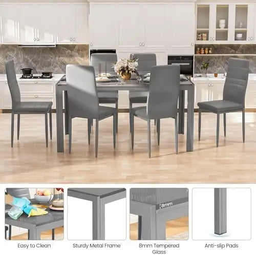 High Concerned 6 Seat Dining Set With Tempered Glass Table And PU Leather Chairs