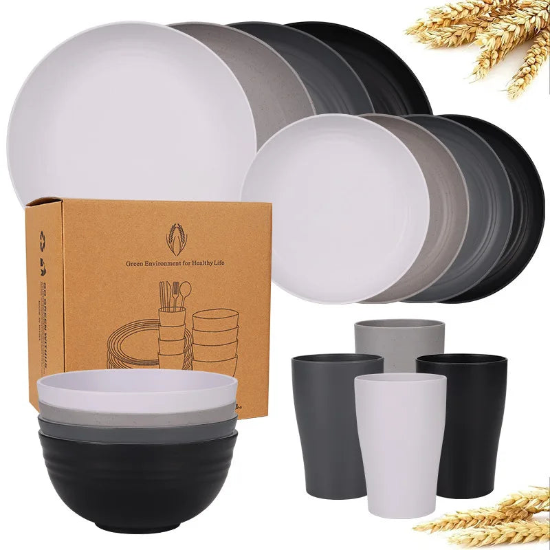 Natural Wheat Straw Tableware Set Plates Bowls Cups Biodegradable Lightweight Eco Friendly Dinnerware