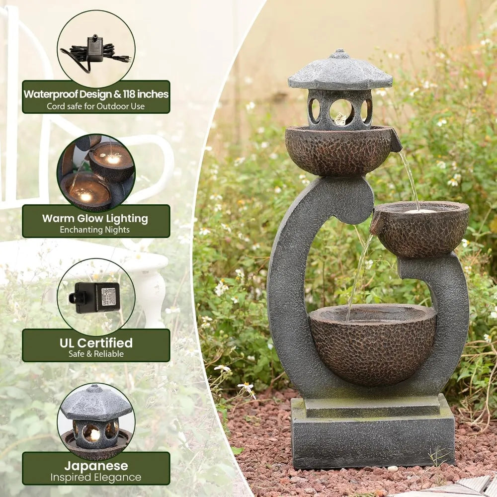 Outdoor Garden Zen Pagoda Water Fountain With LED Lights And Quiet Pump For Patios And Gardens