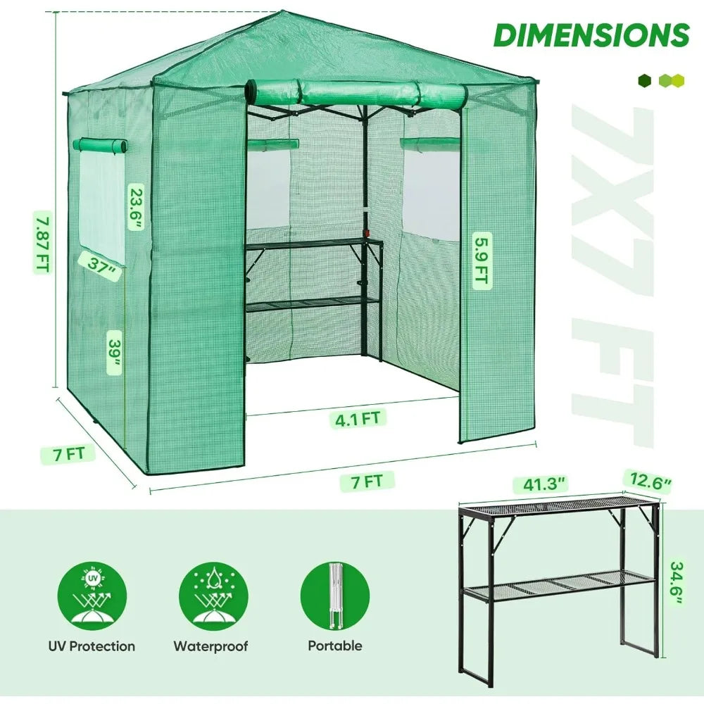 Portable Walk-In Greenhouse with Roll-Up Door and Shelves