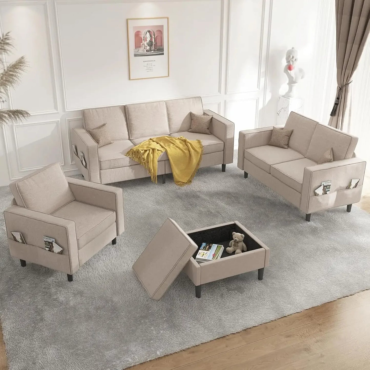 Combination L Shaped Sectional Sofa Set With Ottoman And Storage Seats Up To Six