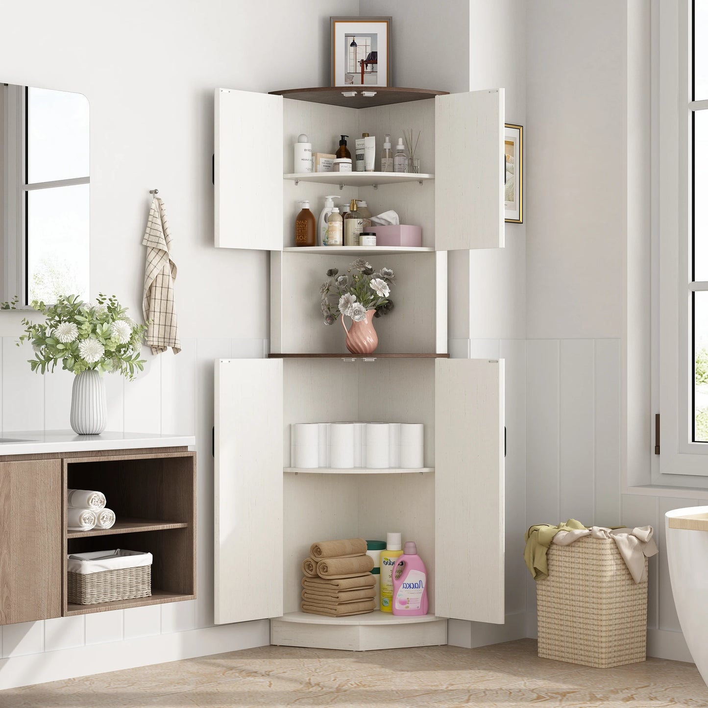 QiaoShiRen Corner Storage Cabinet With Barn Doors Farmhouse