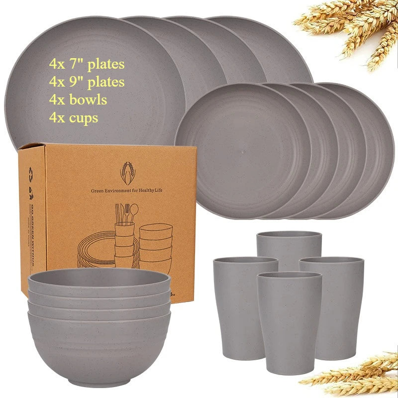 Natural Wheat Straw Tableware Set Plates Bowls Cups Biodegradable Lightweight Eco Friendly Dinnerware