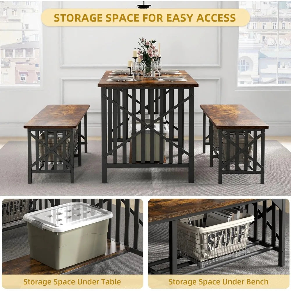 YANYING Rustic Industrial 3 Piece Dining Table Set Benches
