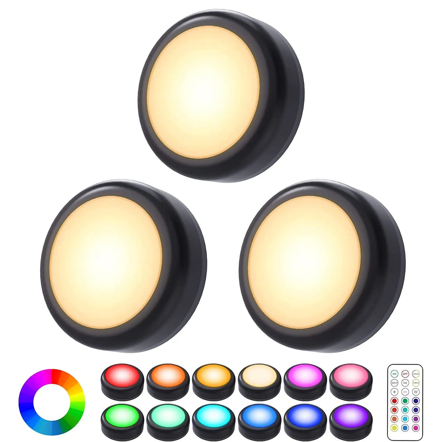 JGTC RGBW LED Puck Lights Under Cabinet With Remote Control 16 Color Schemes Dimmable Brightness