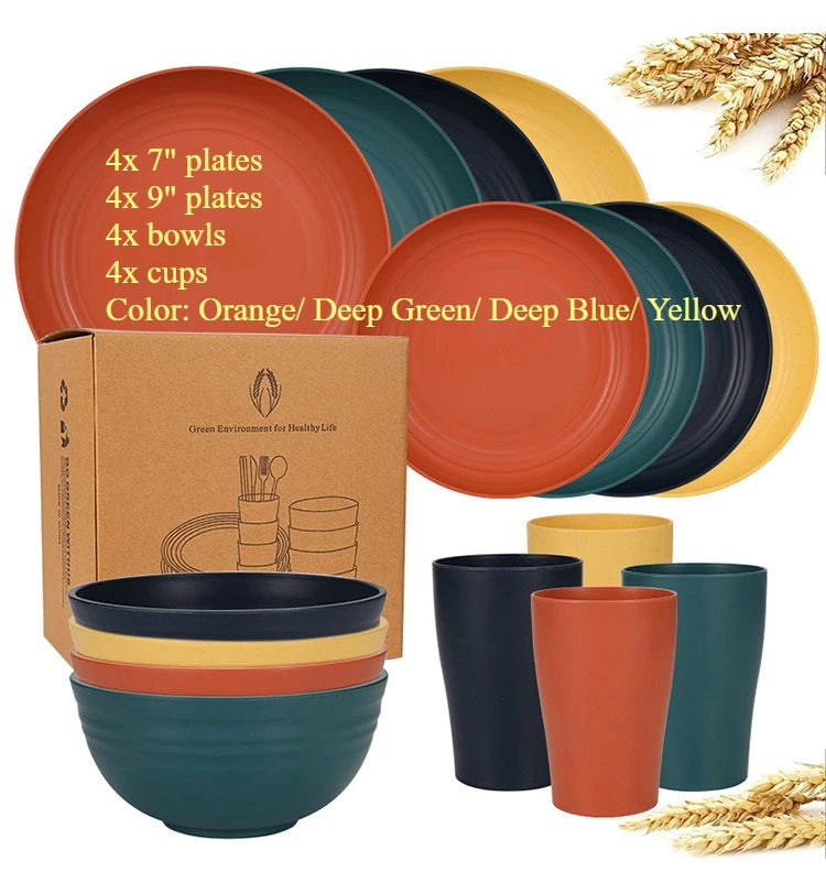 Natural Wheat Straw Tableware Set Plates Bowls Cups Biodegradable Lightweight Eco Friendly Dinnerware