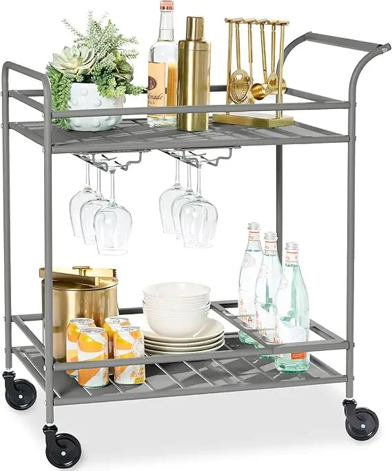 Outdoor Mobile Bar Cart With 2 Tier Storage Lockable Wheels