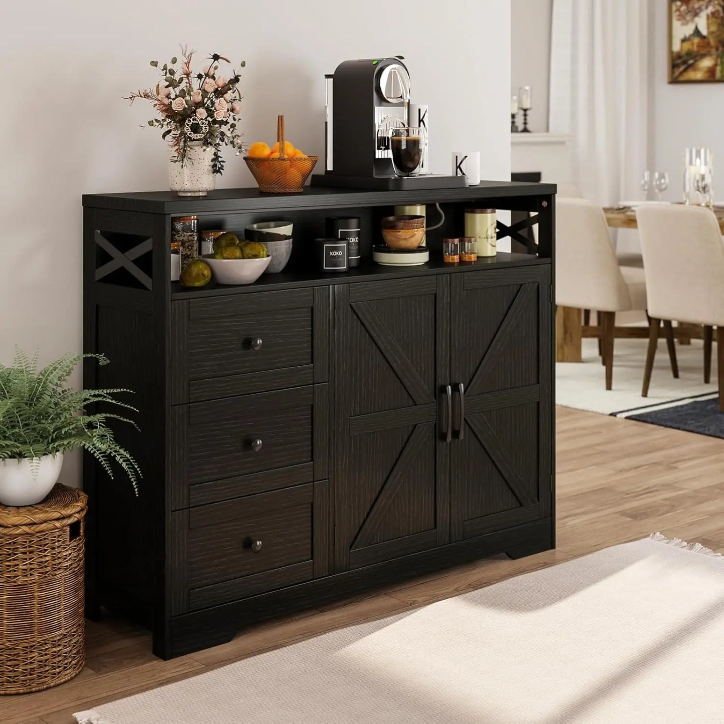 Vabches Buffet Cabinet Wooden Sideboard Drawers And Storage