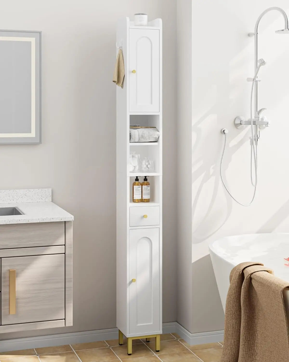 XMSJ Freestanding Bathroom Cabinet With Adjustable Shelves Architectural Arch Doors White Finish