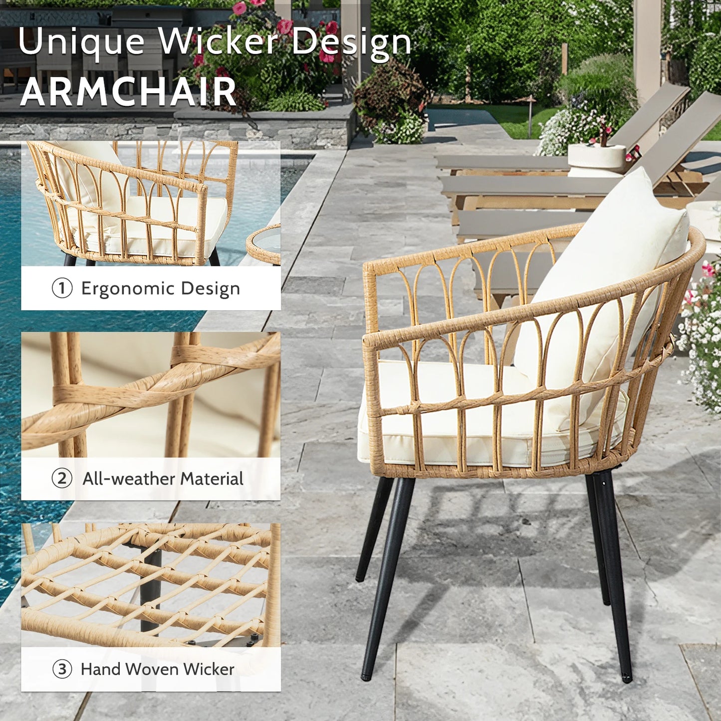 Seogwisam 3 Piece Patio Wicker Outdoor Set With Cushions For Two Chairs And Table