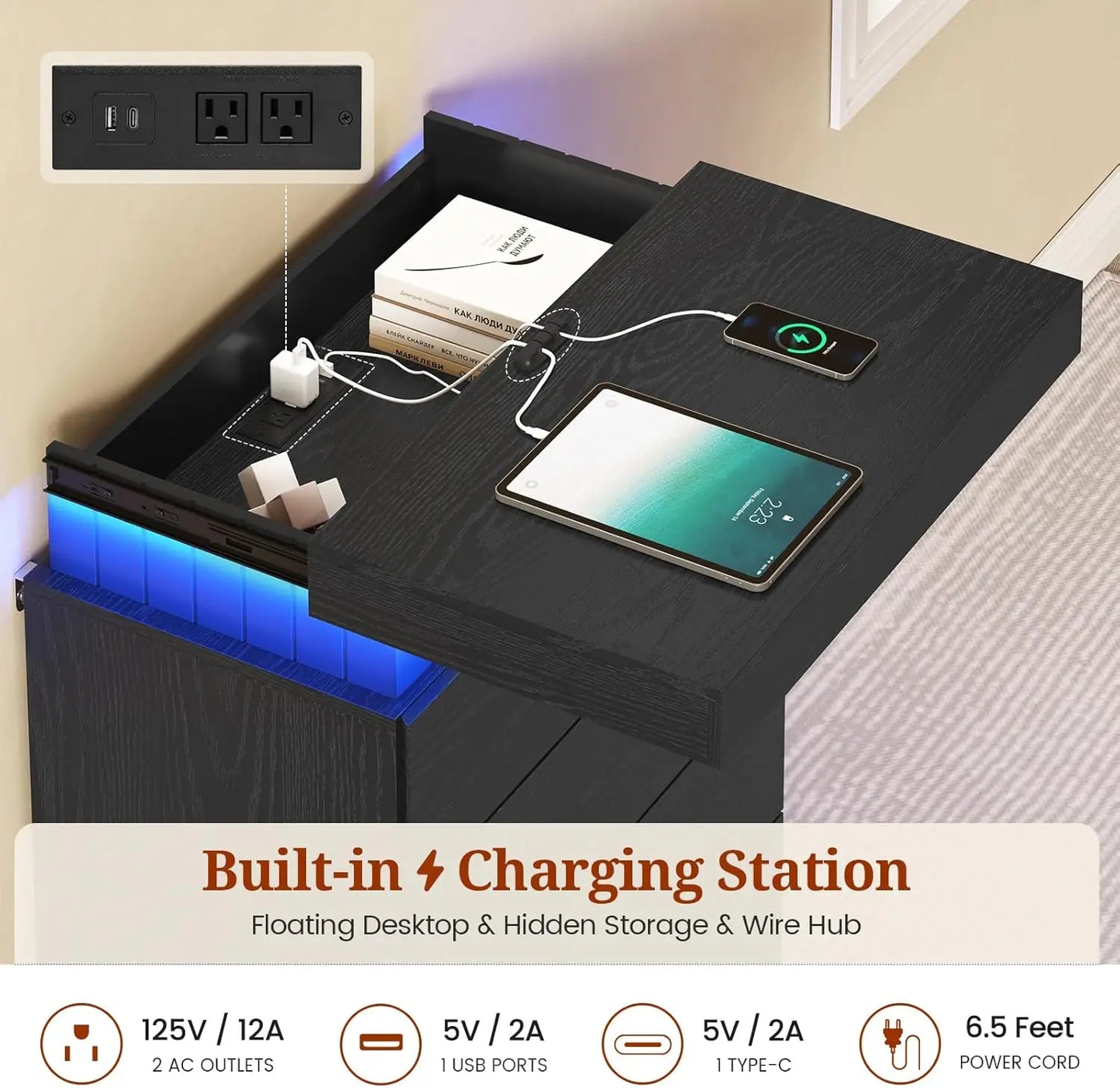 XMSJ Modern 5 Drawer Dresser With LED Light And Outlet