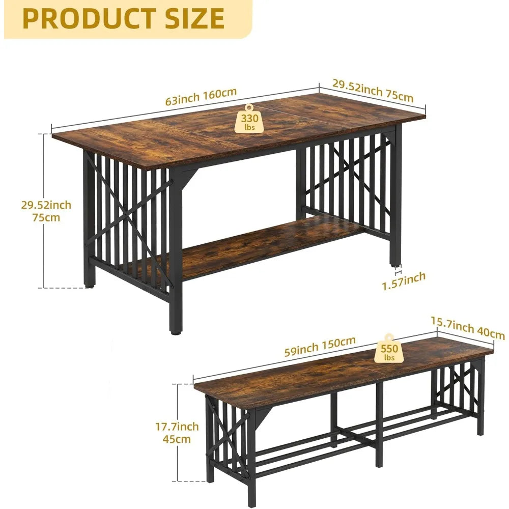 YANYING Rustic Industrial 3 Piece Dining Table Set Benches