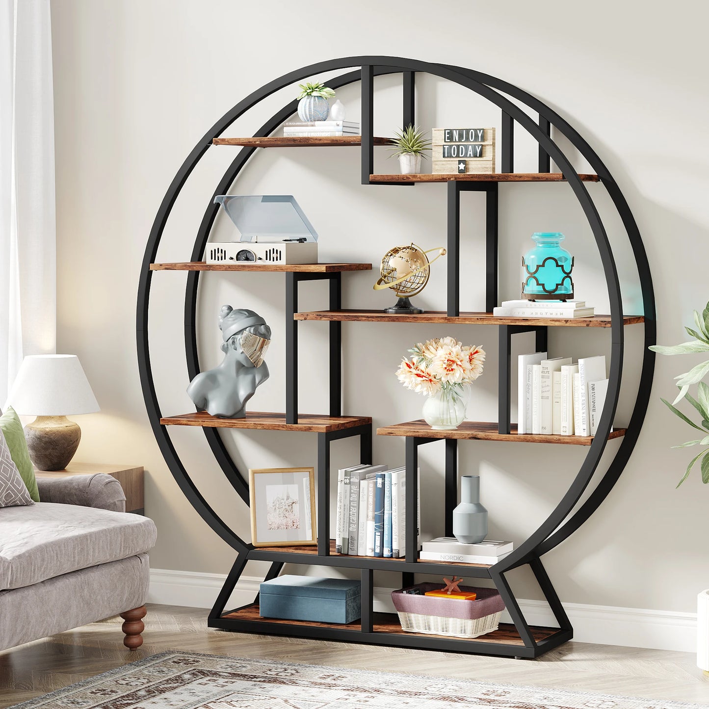 Tribesigns Five Tier Round Etagere Bookshelf With Industrial Wood