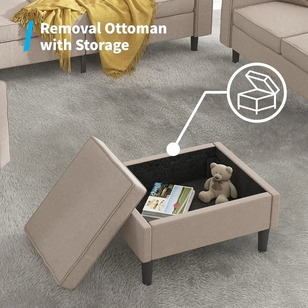 Combination L Shaped Sectional Sofa Set With Ottoman And Storage Seats Up To Six