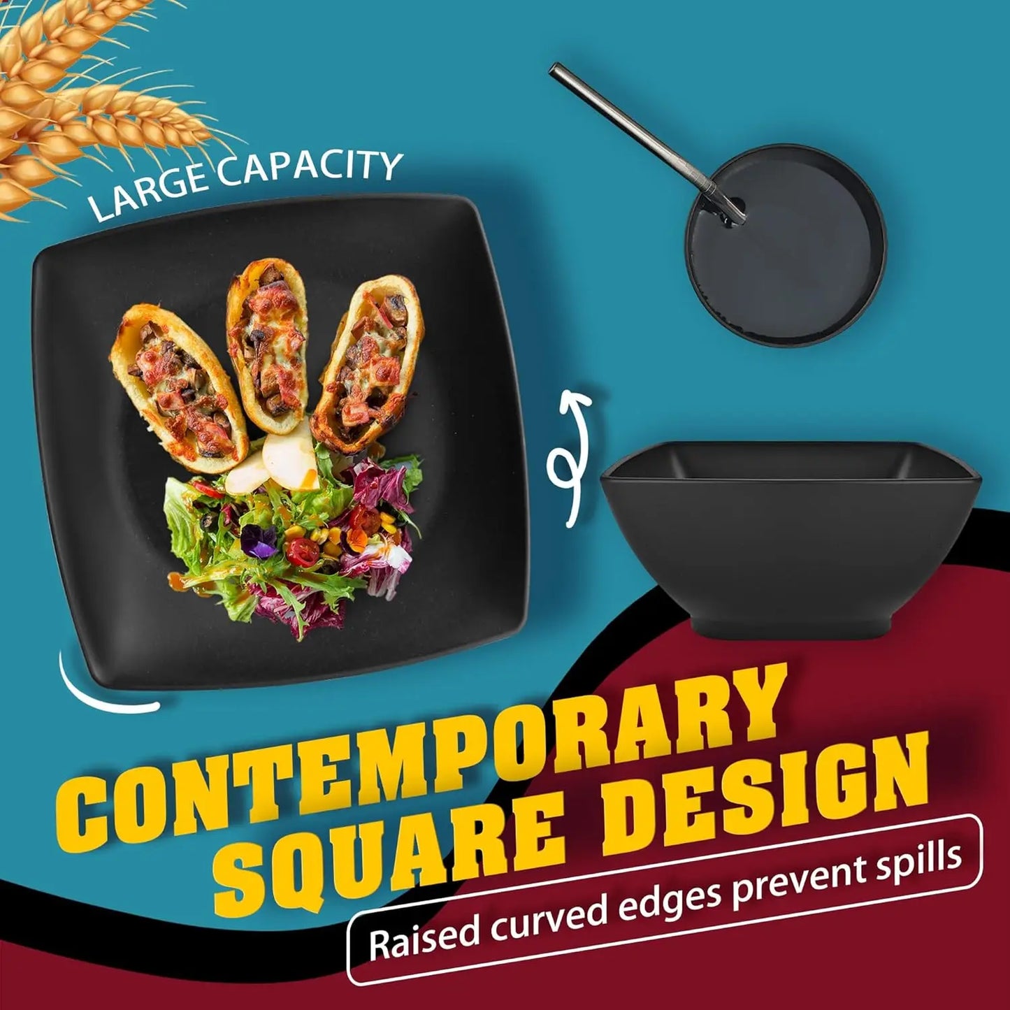 Unbreakable Wheat Straw 56 Piece Dinnerware Set for 8 with Flatware and Stainless Steel Straws