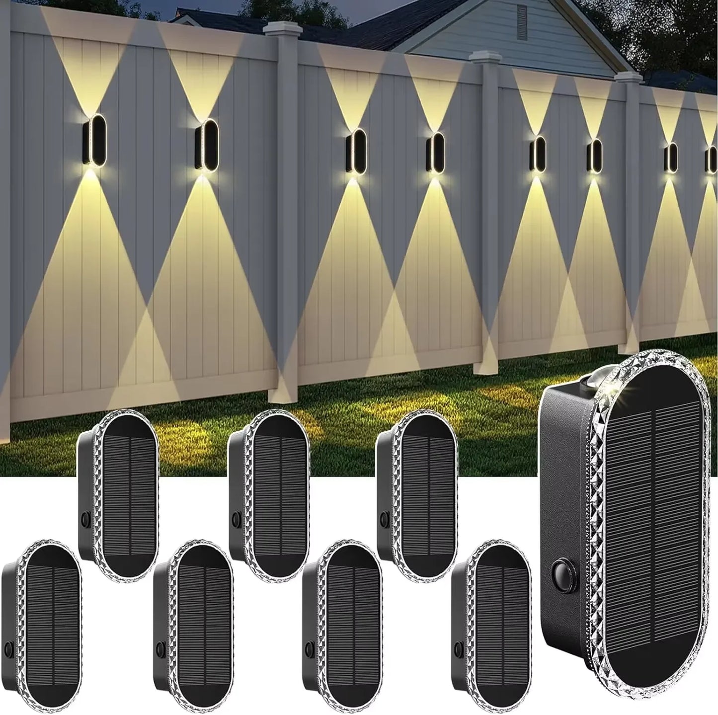 SZRSTH IP65 Weatherproof Solar Fence Lights Eight Piece Set For Outdoor Garden With Three Modes And Up To 50 Lumen Beams