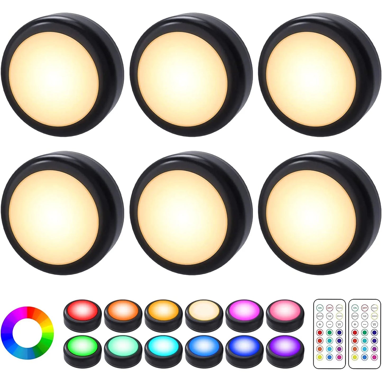 JGTC RGBW LED Puck Lights Under Cabinet With Remote Control 16 Color Schemes Dimmable Brightness