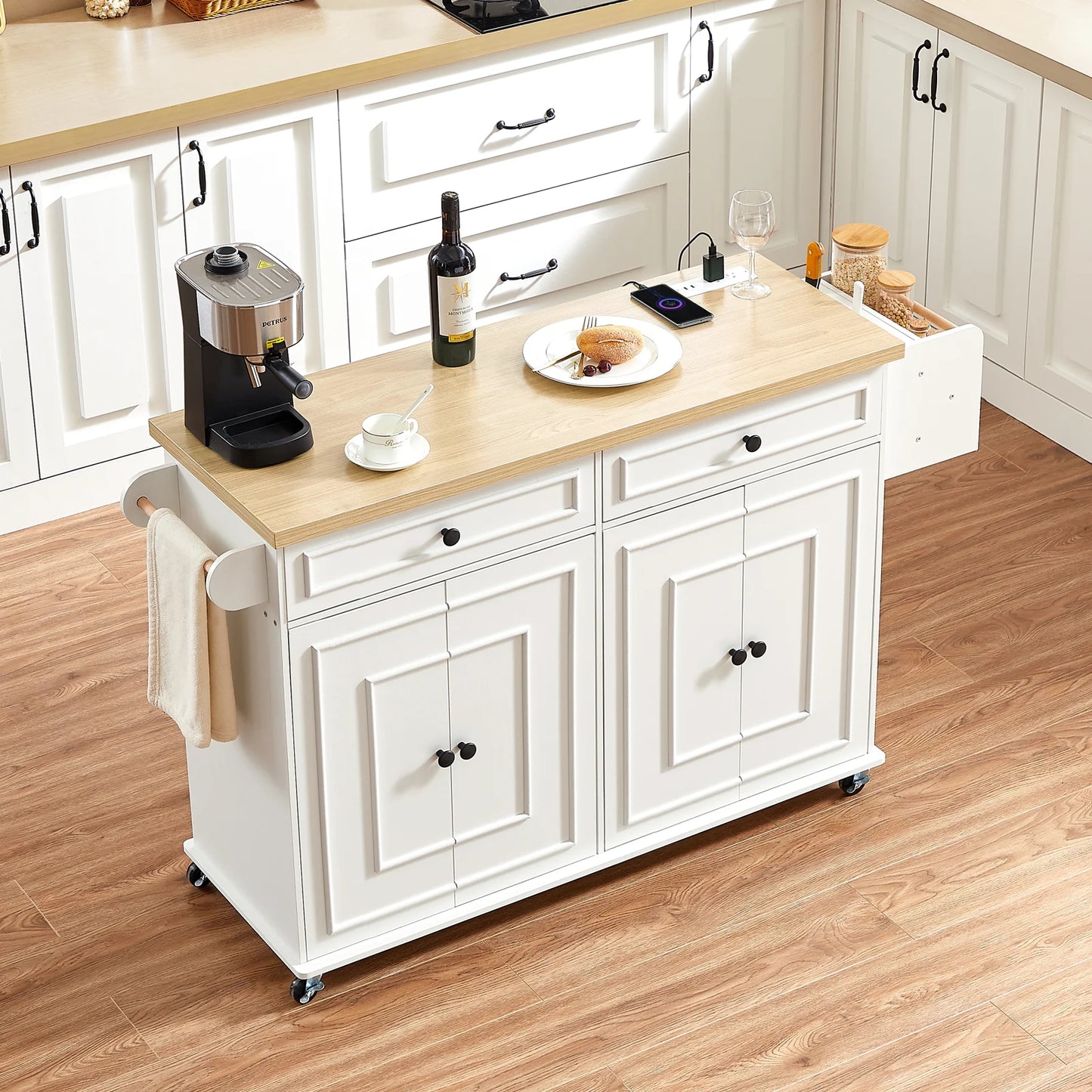 58 Inch Mobile Kitchen Island Cart With Drop Leaf And Power Outlet For Flexible Cooking Prep And Storage