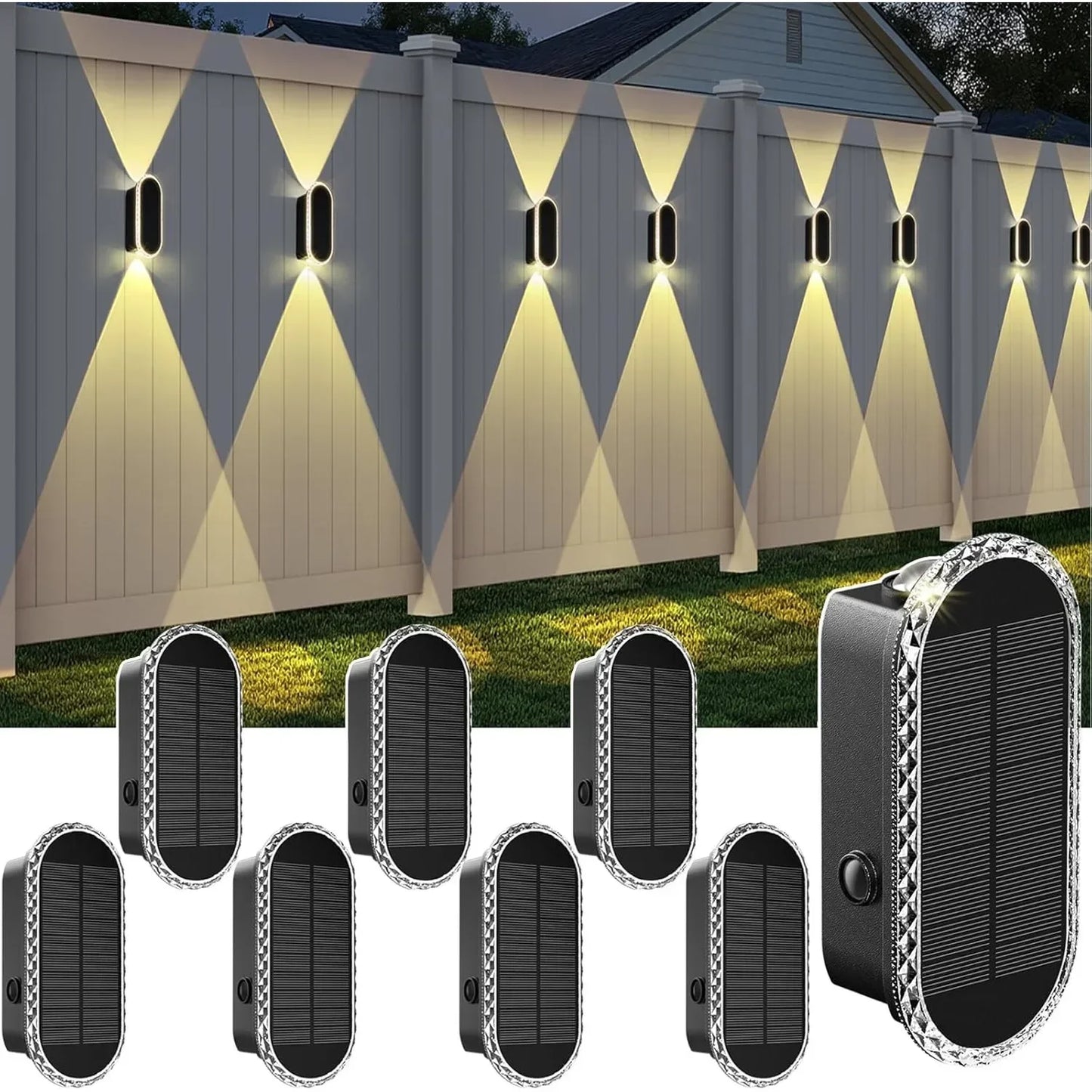 SZRSTH IP65 Weatherproof Solar Fence Lights Eight Piece Set For Outdoor Garden With Three Modes And Up To 50 Lumen Beams