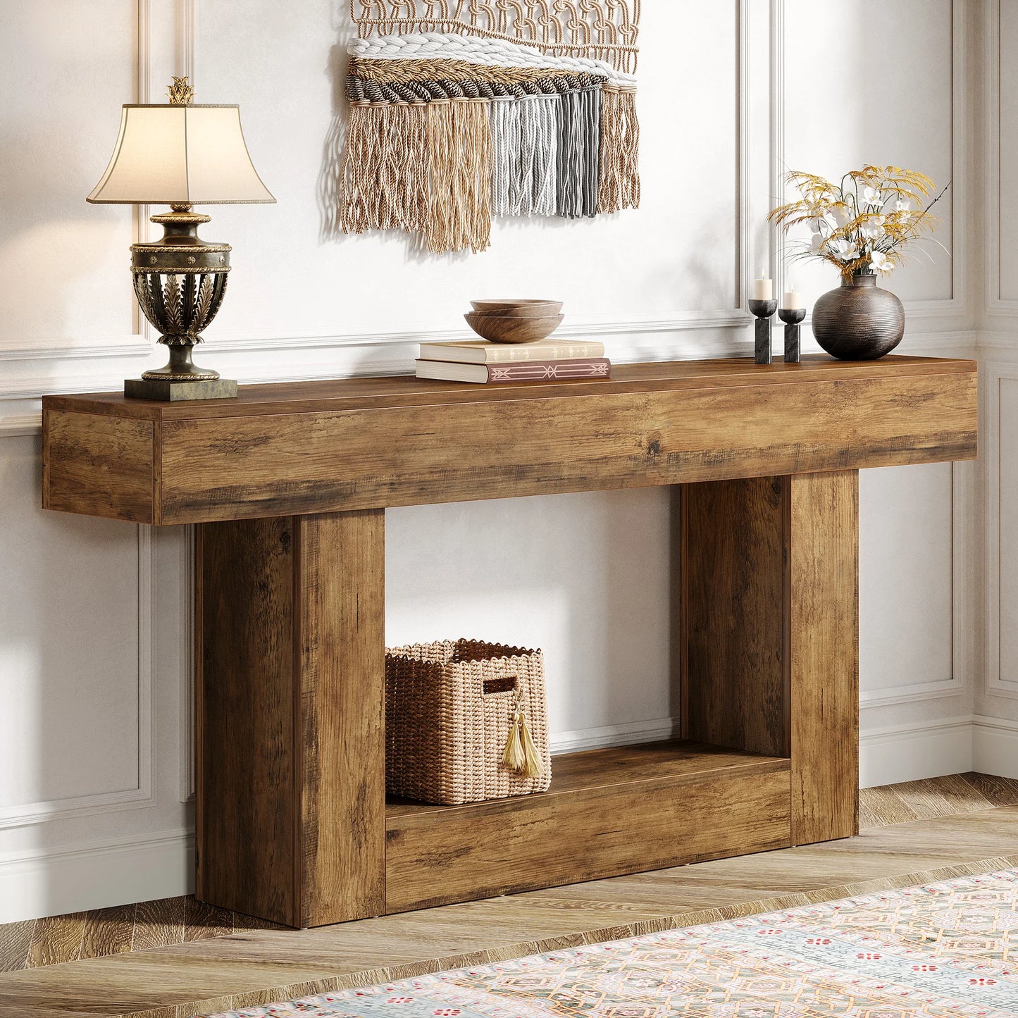 Tribesigns Farmhouse Console Table With U Shaped Base Two Tier Entryway 63 Inch Rustic Brown Top Vintage Gray